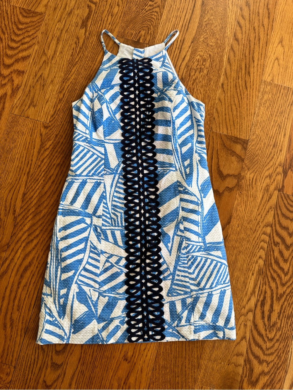 Lilly Pulitzer Blue and White Halter Dress with Navy Lace Trim